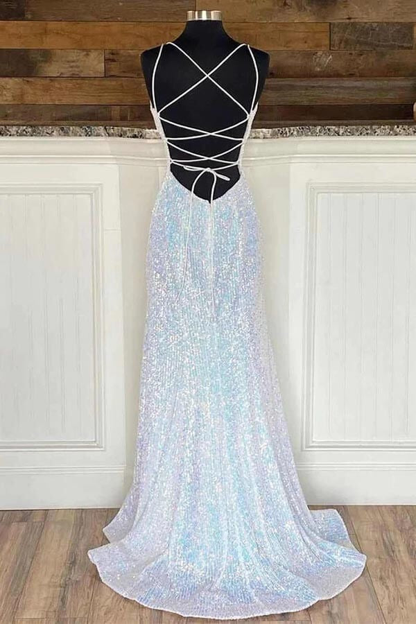 Silver Sequins Long Sheath Spaghetti Straps  Prom Dress, Evening Gowns