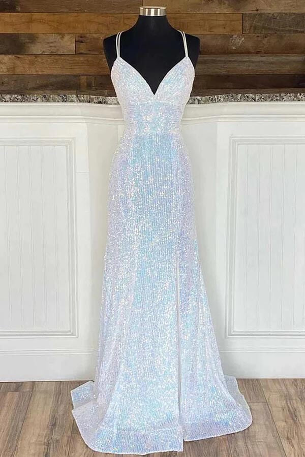 Silver Sequins Long Sheath Spaghetti Straps  Prom Dress, Evening Gowns