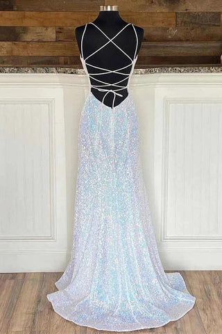 Silver Sequins Long Sheath Spaghetti Straps  Prom Dress, Evening Gowns