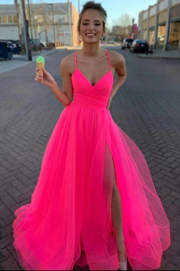 Simple Tulle A-line Long Formal Prom dresses With Slit