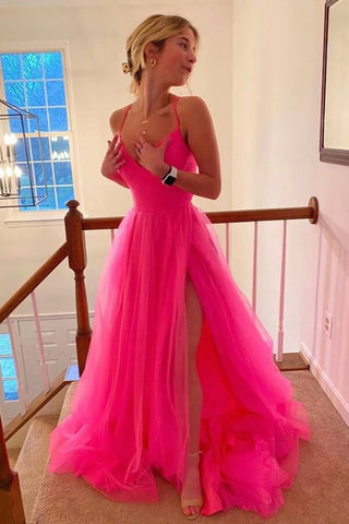 Simple Tulle A-line Long Formal Prom dresses With Slit