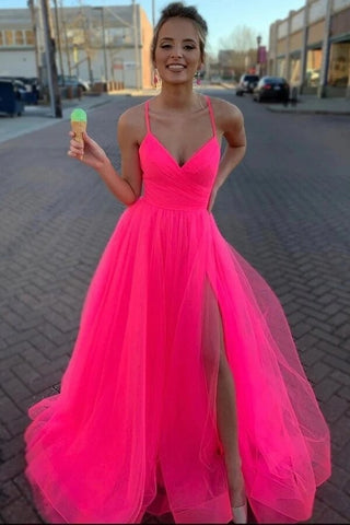 Simple Tulle A-line Long Formal Prom dresses With Slit