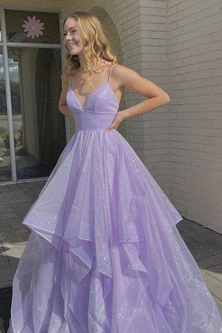 A-line Tulle V-neck Lace Up Long Prom Dresses, Evening Gown