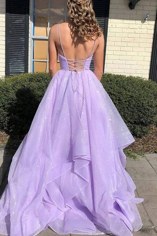 A-line Tulle V-neck Lace Up Long Prom Dresses, Evening Gown