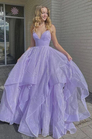 A-line Tulle V-neck Lace Up Long Prom Dresses, Evening Gown