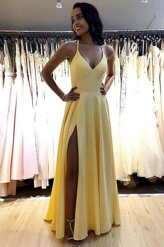 A-line Simple Satin  V-neck Prom Dresses, Evening Gowns With Side Split