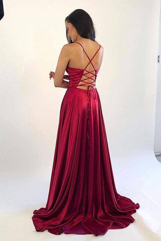 A-line Simple Satin  V-neck Prom Dresses, Evening Gowns With Side Split