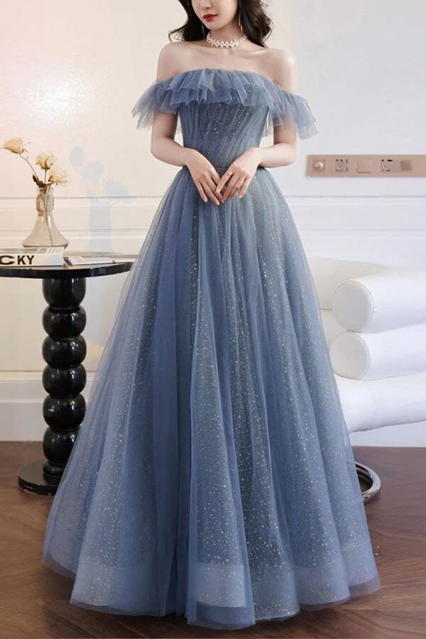 A-line SparklyTulle Blue Off-the-Shoulder Prom Dresses, Evening Gown