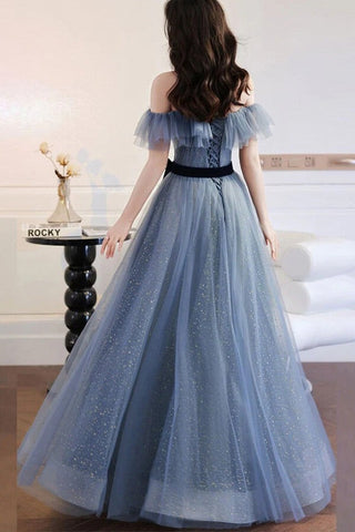 A-line SparklyTulle Blue Off-the-Shoulder Prom Dresses, Evening Gown