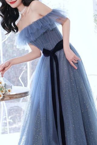 A-line SparklyTulle Blue Off-the-Shoulder Prom Dresses, Evening Gown