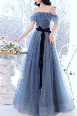 A-line SparklyTulle Blue Off-the-Shoulder Prom Dresses, Evening Gown