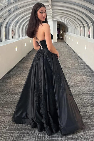 Black Sparkly Spaghetti Straps Long Prom Dress with Appliques
