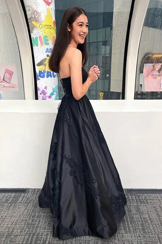 Black Sparkly Spaghetti Straps Long Prom Dress with Appliques