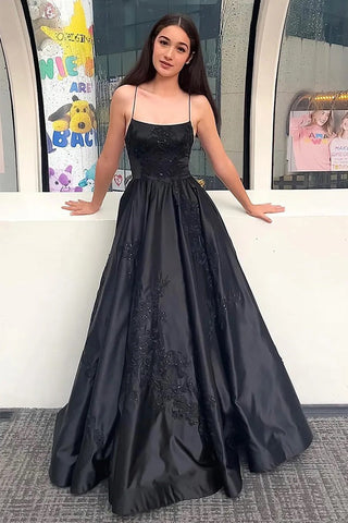 Black Sparkly Spaghetti Straps Long Prom Dress with Appliques