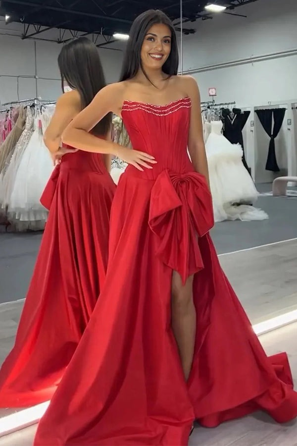 A-Line Strapless Satin Long Corset Red Prom Dress with Bow