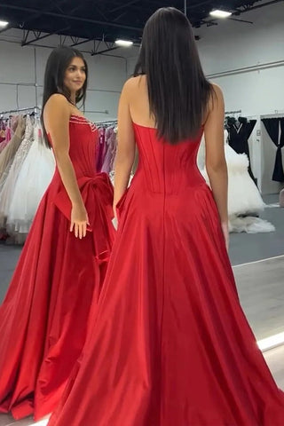 A-Line Strapless Satin Long Corset Red Prom Dress with Bow