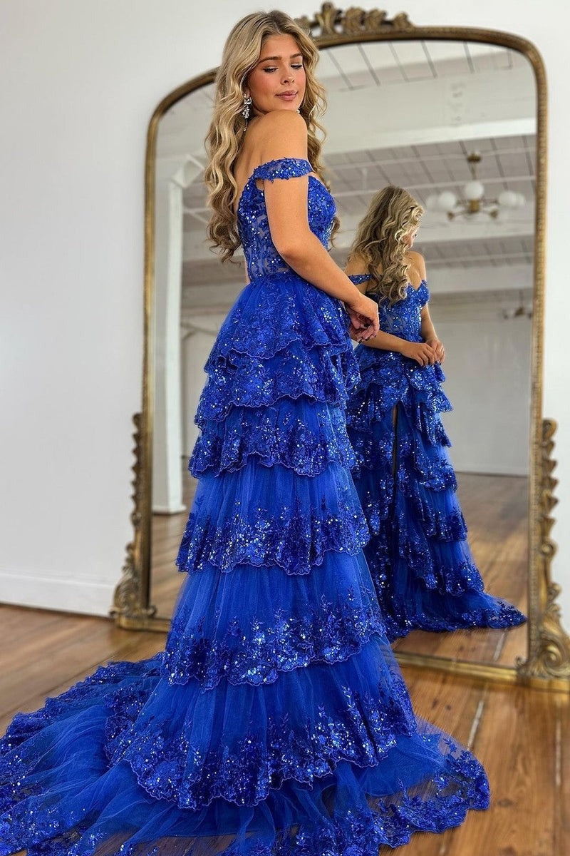 A-Line  Off-the-Shoulder Tiered Long Lace Prom Dress with Slit