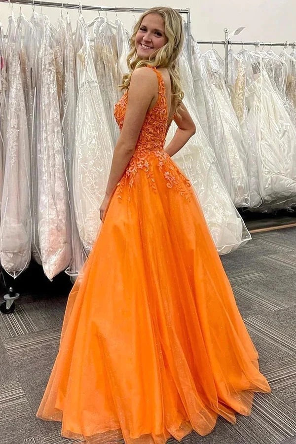 A-line Tulle  V-neck Lace Appliques Prom Dresses, Evening Gown
