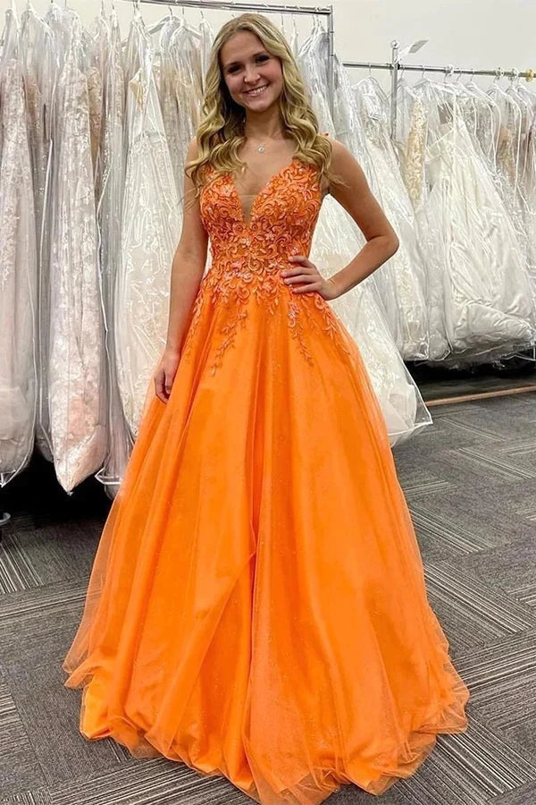 A-line Tulle  V-neck Lace Appliques Prom Dresses, Evening Gown
