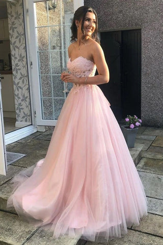 Sweetheart Pink Tulle Lace Long Prom Dress Pretty Party Dress