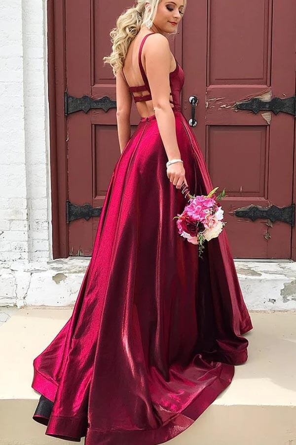 A-line Taffeta  Scoop Spaghetti Straps Long Prom Dresses With Pockets