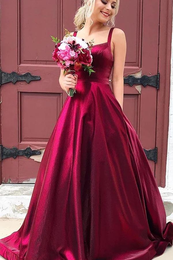 A-line Taffeta  Scoop Spaghetti Straps Long Prom Dresses With Pockets