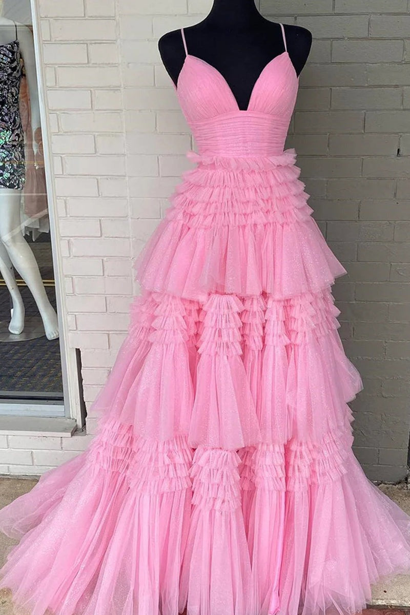 V Neck Spaghetti Straps Tulle Deep  Long Prom Dress