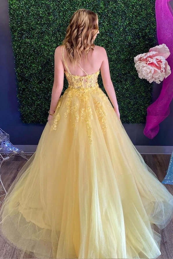 A-line Tulle Lace  One Shoulder Spaghetti Straps Prom Dress, Evening Gown