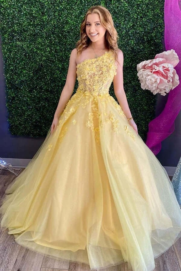 A-line Tulle Lace  One Shoulder Spaghetti Straps Prom Dress, Evening Gown