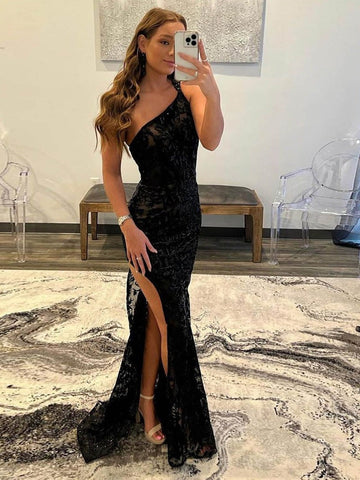 One Shoulder Lace Mermaid long Prom Dresses