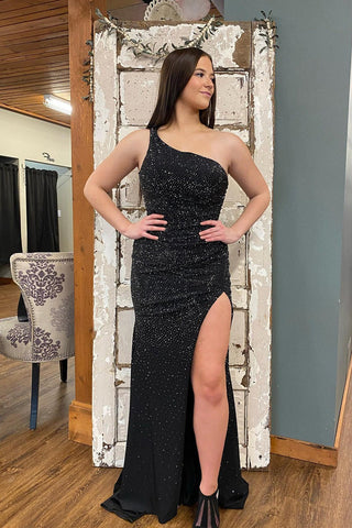 One Shoulder Beaded Jersey Mermaid Prom Dresses