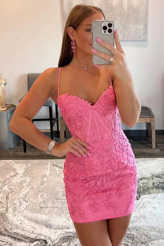 Short Bodycon Spaghetti Straps Tight Homecoming Dress with Appliques