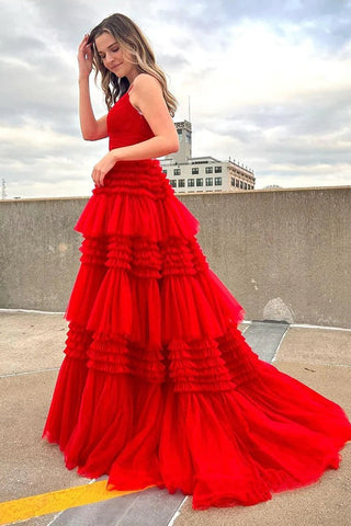 V Neck Spaghetti Straps Tulle Deep  Long Prom Dress