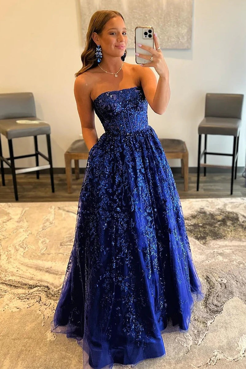 A-line Sequined Lace Long with Pockets Prom Dress