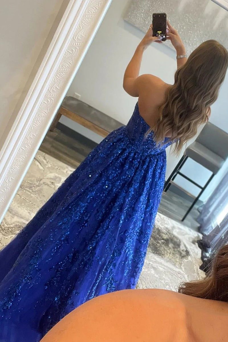A-line Sequined Lace Long with Pockets Prom Dress