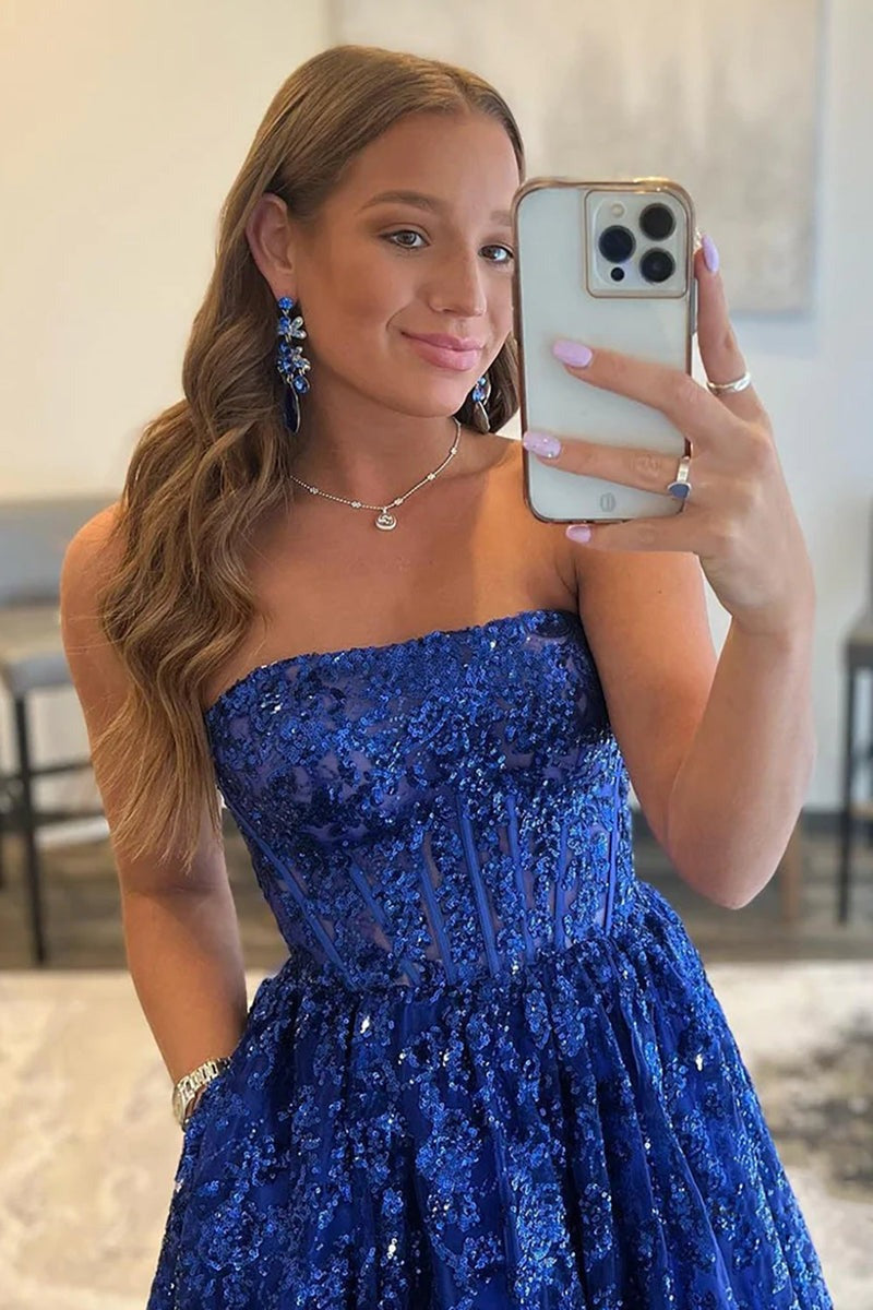 A-line Sequined Lace Long with Pockets Prom Dress