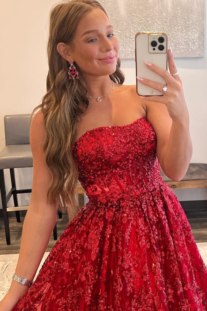 A-line Sequined Lace Long with Pockets Prom Dress