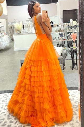 A-line V-NeckTulle  Long  Prom Dress