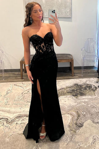 Lace Long Satin Sheath Sweetheart  Prom Dresses