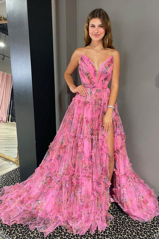 A-Line Tulle Sweetheart Floral Printed  Prom Dress with Slit