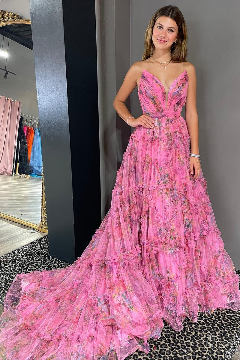 A-Line Tulle Sweetheart Floral Printed  Prom Dress with Slit