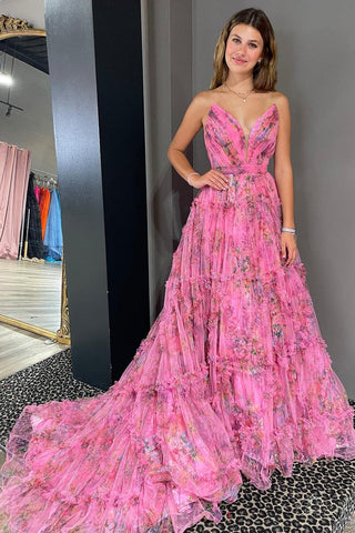 A-Line Tulle Sweetheart Floral Printed  Prom Dress with Slit