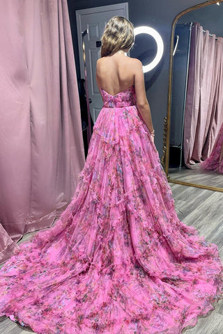 A-Line Tulle Sweetheart Floral Printed  Prom Dress with Slit