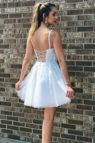 A-line Tulle V-neck Lace Homecoming Dresses, School Event Dresses