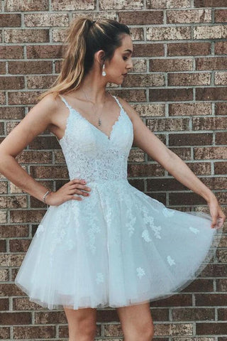 A-line Tulle V-neck Lace Homecoming Dresses, School Event Dresses