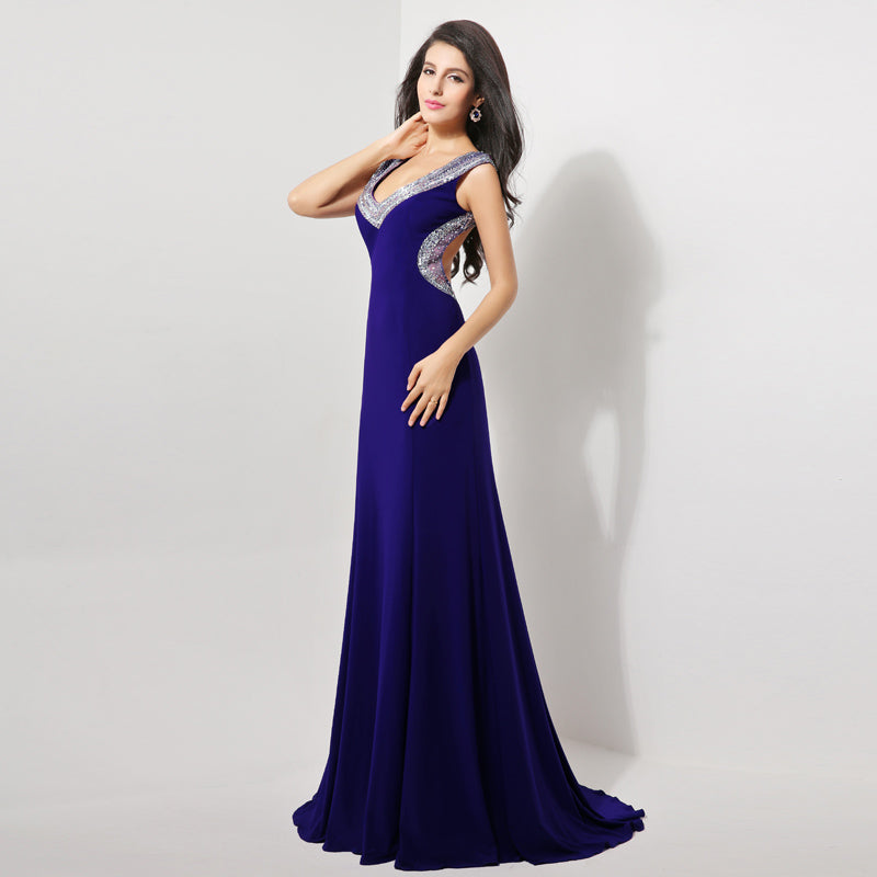 Glamorous Sleeveless Purple V - Neck Gown with Embellished Neckline Prom Dress,XU007