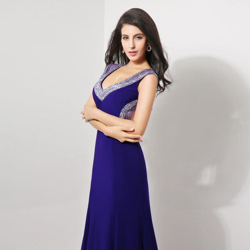 Glamorous Sleeveless Purple V - Neck Gown with Embellished Neckline Prom Dress,XU007