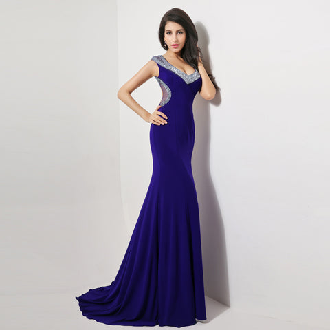 Glamorous Sleeveless Purple V - Neck Gown with Embellished Neckline Prom Dress,XU007