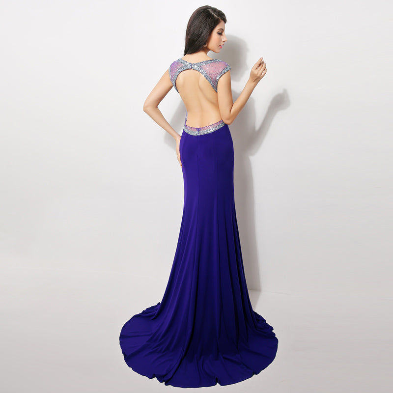 Glamorous Sleeveless Purple V - Neck Gown with Embellished Neckline Prom Dress,XU007