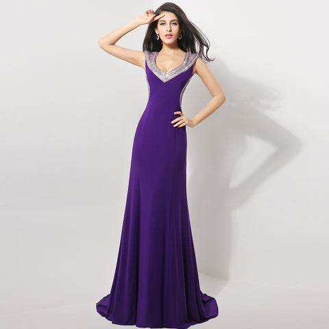Glamorous Sleeveless Purple V - Neck Gown with Embellished Neckline Prom Dress,XU007